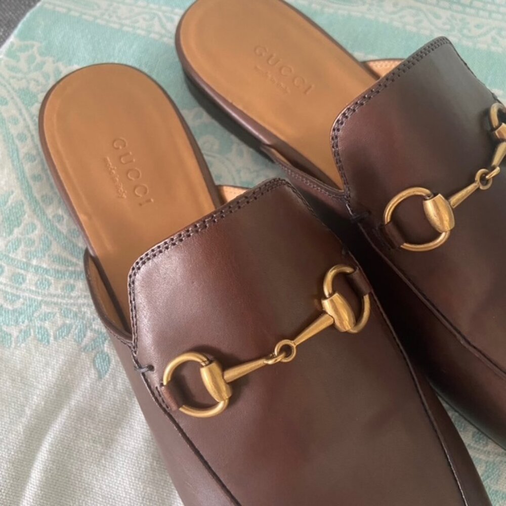 Gucci Brown Leather Horsebit Mules with Gold Hardware